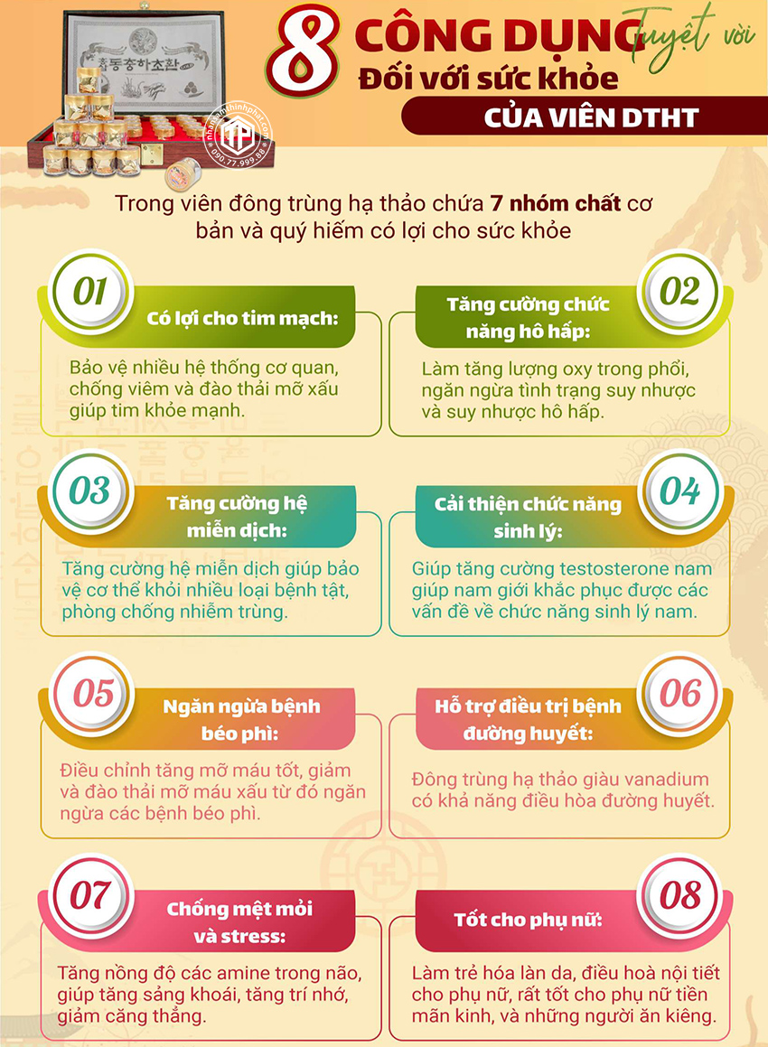 8 công dụng tuyệt vời đối với sức khỏe của viên đông trùng hạ thảo